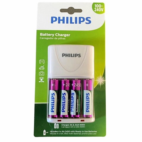 Carregador de Pilhas, Bivolt, Com 4 Pilhas AA, 220-240V - SCB2445NB/59 - Philips