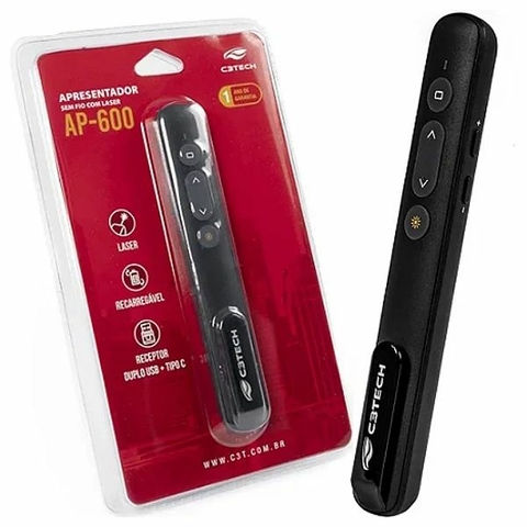 Apresentador Laser C3tech, S/Fio, C/Laser, 2400 MHz a 2490 MHz, Preto - AP-600
