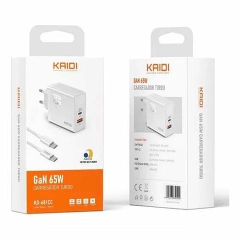 Carregador de Celular Tipo-C / Tipo-C, 3.25A, 65W, C/Cabo, Branco - KD-681CC - Kaidi