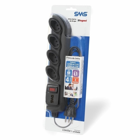 Filtro De Linha 4 Tomadas, Circuit Breaker, Bivolt PP 0,75, 3M - 62329 - SMS
