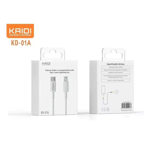 Cabo USB Type-C / Lightning Apple Iphone, 1M, Carregamento Turbo, Branco - KD-01A - Kaidi