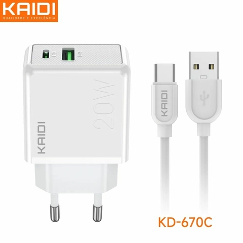 Carregador de Celular USB Tipo-C, 3A, PD 20W, C/Cabo, Branco - KD-670C - Kaidi