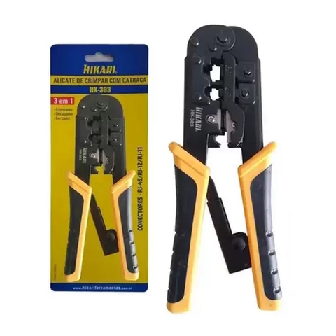 Alicate de Crimpar Hikari, com Catraca, 3 em 1, RJ45, RJ12, RJ11, Preto e Amarelo, HK-303