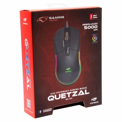 Mouse Opt Gamer, Quetzal, USB, 5.000 DPI, Led RGB, Preto - MG-510BK - C3Tech