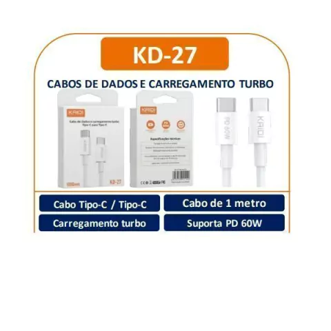 Cabo USB Type-C / Type-C, 1M, Carregamento Turbo, PD 60W, Branco - KD-01A - Kaidi