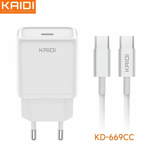 Carregador de Celular USB Tipo-C x Tipo-C, 3A, PD 20W, C/Cabo, Branco - KD-669CC - Kaidi