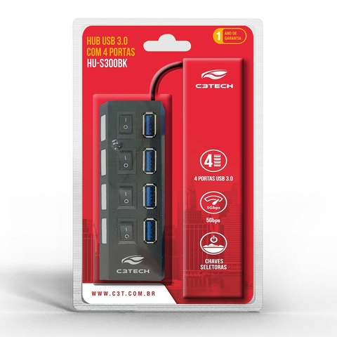 HUB USB 3.0, 4 Portas, 5Gbps, Preto, 45cm - HU-S300BK - C3Tech