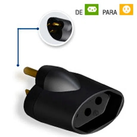 Adaptador Tomada SMS 2 Pinos Macho + Terra Micro, 3 Pinos Redondo fêmea 15A, Preto - 64122