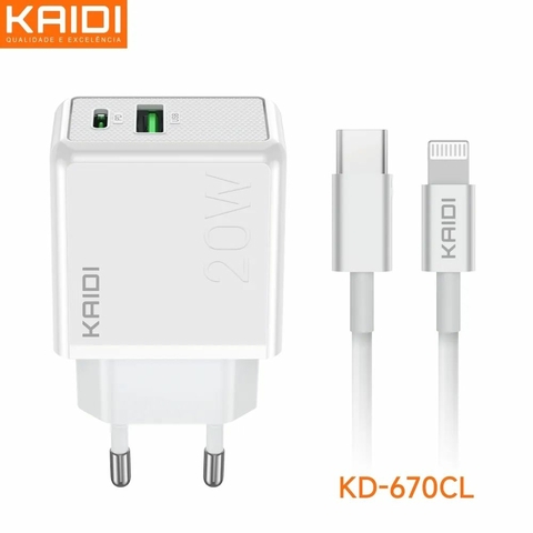 Carregador de Celular Tipo-C / Iphone Lightning, 3A, 20W, Com Cabo, Branco - KD-670CL - Kaidi