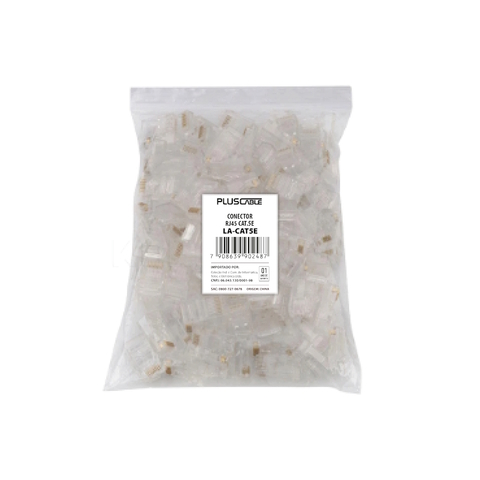 Conector Modular plug 8×8 RJ45 Macho, Cat.5E, 8 Vias, Transparente - LA-CAT5E - Pluscable