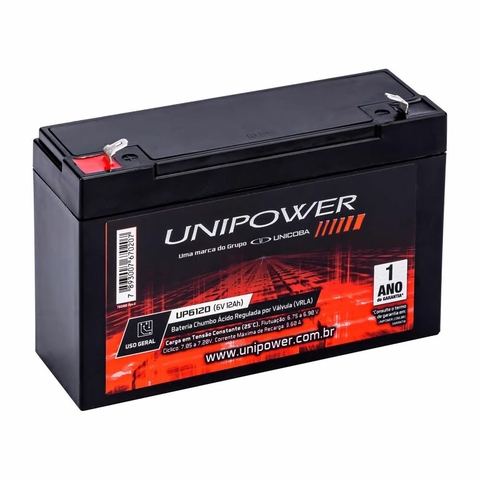 Bateria Unipower Selada Para Sistemas De Monitoramento E Segurança, 6V, 12AH - UP6120