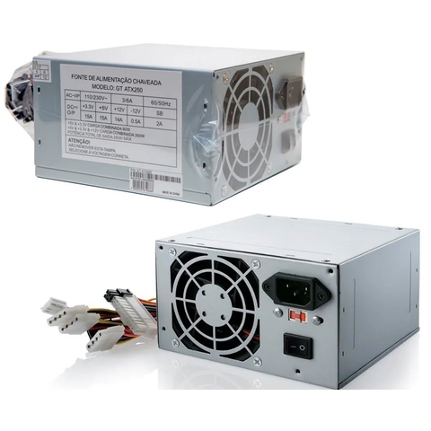 Fonte Atx 250W Goldentec, 20+4 Pinos, Bivolt, C/Cabo - GT ATX250
