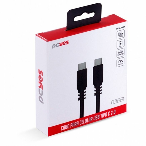 Cabo USB TYPE-C x TYPE-C, 5V 3A (15W), 480 Mpbs, 2 M, Preto - PUCP-02 - Pcyes