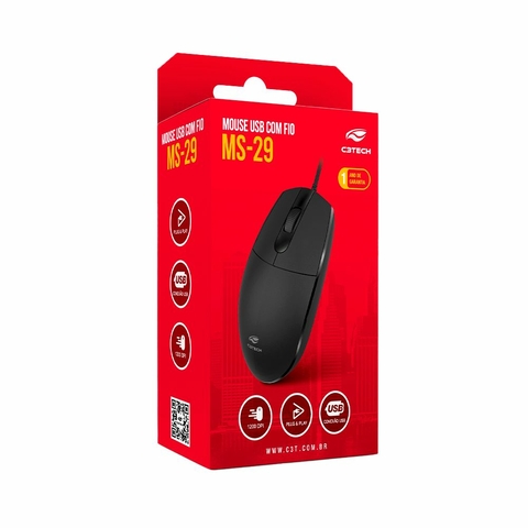 Mouse Opt, USB, 1200 DPI, Windows 7/8/10, Preto, 1,20m - MS-29BK - C3Plus