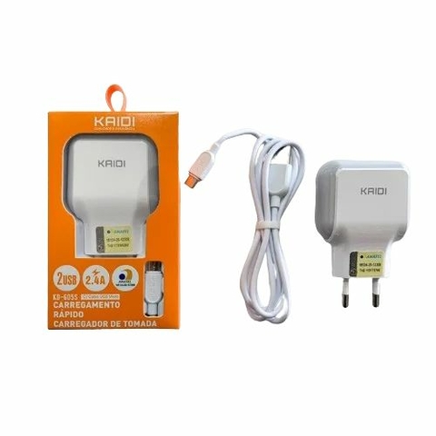 Carregador de Celular USB Micro, USB, V8, 12W, 2.4A, C/Cabo, Branco - KD-605S - Kaidi
