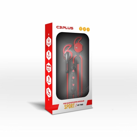 Fone De Ouvido Bluetooth Intra 5.0, Vermelho, 55m - EP-TWS-10RD - C3Plus