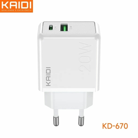 Carregador de Celular, USB Tipo-C, 3A, 20W, S/Cabo, Branco - KD-670 - Kaidi