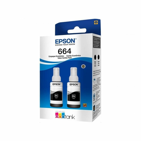 Kit 2 Refil Tinta Epson 664, Preto, 70ML, L110, L300, L395, L565, L1300, Original - T664120-2P