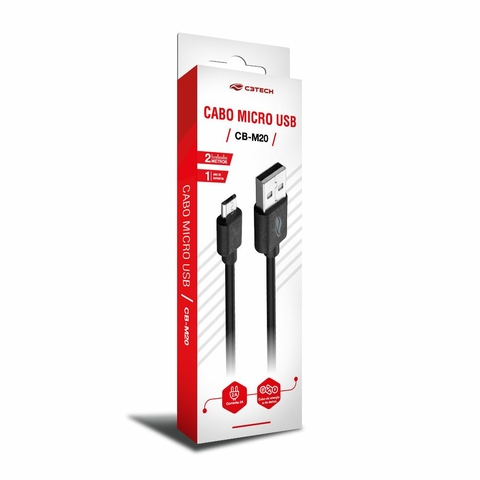 Cabo USB AM x Micro USB, 2A, 5V DC, OD 3.5mm, 2 M, Preto - CB-M10BK - C3tech
