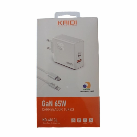 Carregador de Celular Tipo-C x Lightning, Iphone, 65W, C/Cabo, Branco - KD-681CL - Kaidi