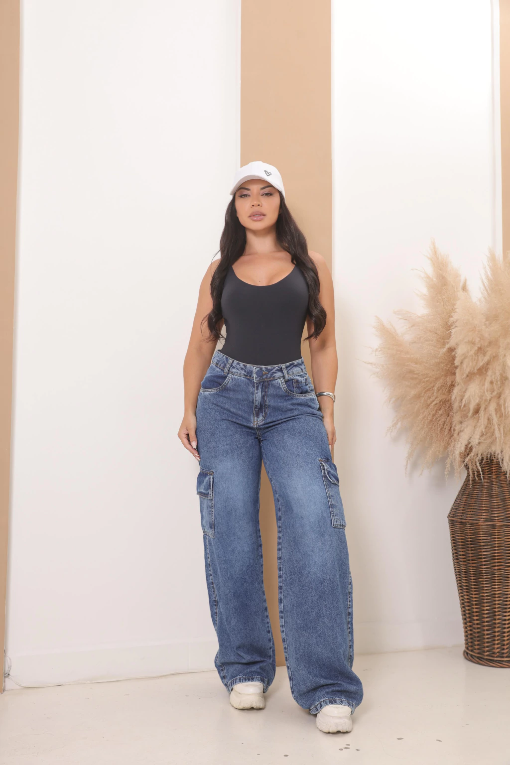 Wide Leg Cargo Jeans Azul Alta Qualidade