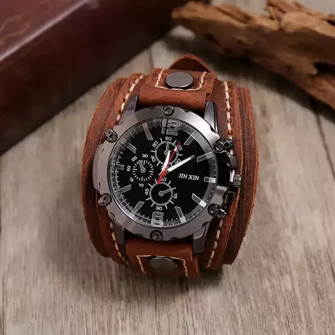 Jessingshow - Relógio de Luxo Masculino 2024: Pulseira Punk de Couro Genuíno