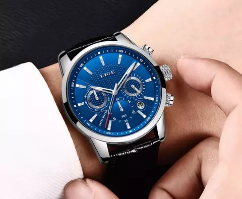 Relógio Masculino LIGE: Pulseira de Couro, Quartzo, Impermeável, com Caixa