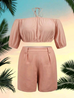 Conjunto Casual Rosa Seco: Short em Poliéster e Elastano + Cropped em Viscose