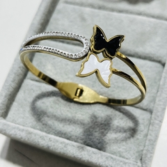 Pulsera esclava 2 mariposa negro y blanco acero dorado