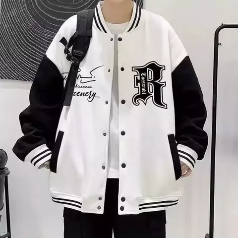 Casaco de beisebol solto masculino com gola alta
