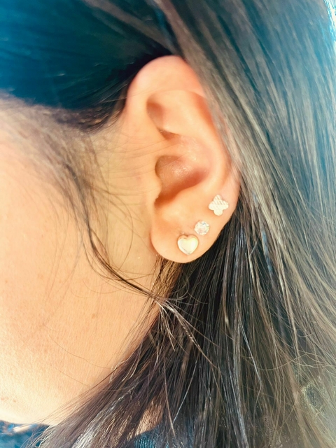 Trio de Brincos de Prata 925 Coração, Ponto de Luz e Flor