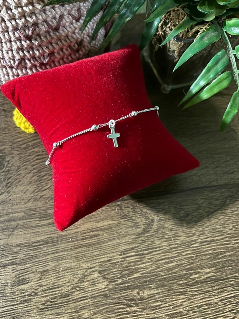 Pulseira Cruz e Bolinhas de Prata 925