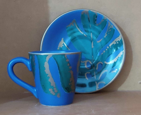 Conjunto c/4 Xicara de Chá Azul Floral