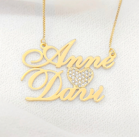 Colar Nome duplo com coração cravejado