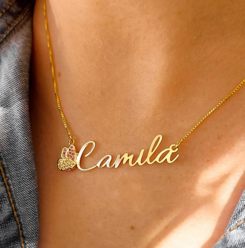 Colar Nome simples a laser com borboleta cravejada