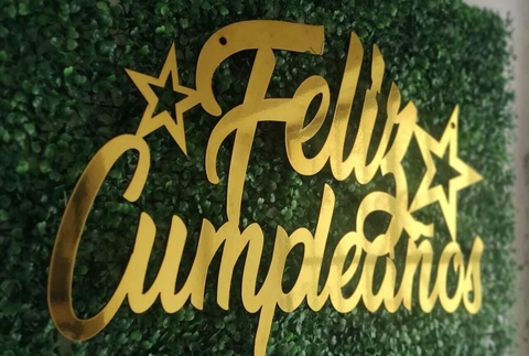 Letrero Feliz Cumpleaños con Estrellas 60 x 40 Cm Mdf Dorado Espejo Decoración