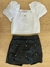 MC - CJ SAIA SHORT EM TECIDO LIKE LEATHER COM APLICACOES DE FLORES E BLUSA MC ALGODAO PRETO - loja online