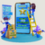 Personagens animados interagindo com um smartphone e caixas de entrega, representando a loja online Guamá Zap Express.