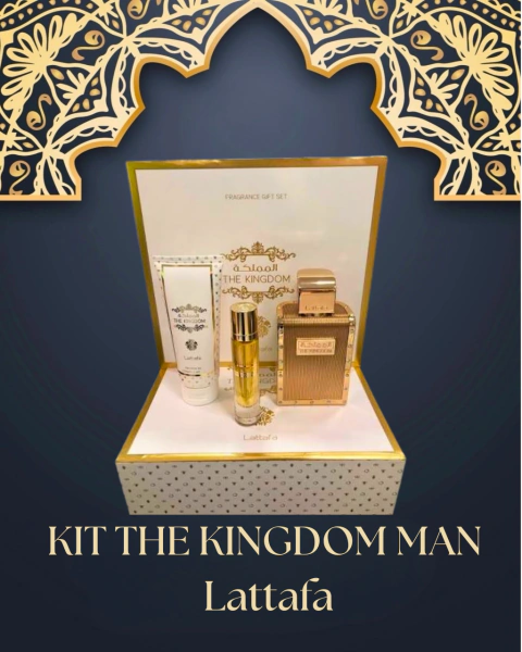 Kit The Kingdom Man - Lattafa - EDP - Perfume 100 Ml + Gel de Banho e Travel Spray 12 Ml (Ref. Olf. Le Male Elixir Jean Paul Gaultier)