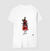 Camiseta branca com estampa do Orixá Exu, representado em trajes tradicionais vermelhos e pretos, segurando um objeto em suas mãos.