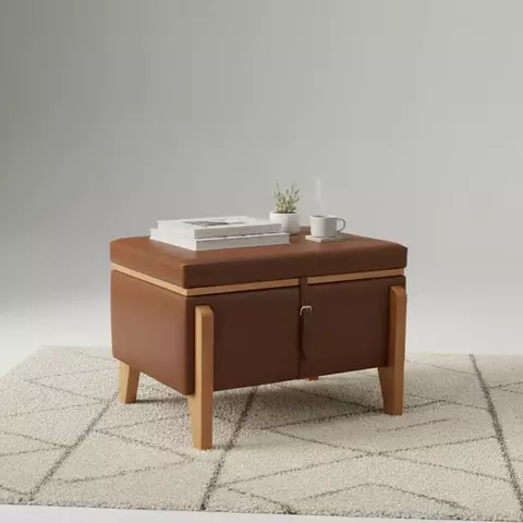 Pufe Flex Retangular Baú E Mesinha com Tampo Laminado De Madeira Couro Sintético Caramelo - comprar online