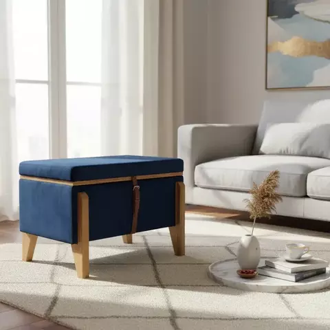 Pufe Flex Retangular Baú E Mesinha com Tampo Laminado De Madeira Veludo Azul - comprar online