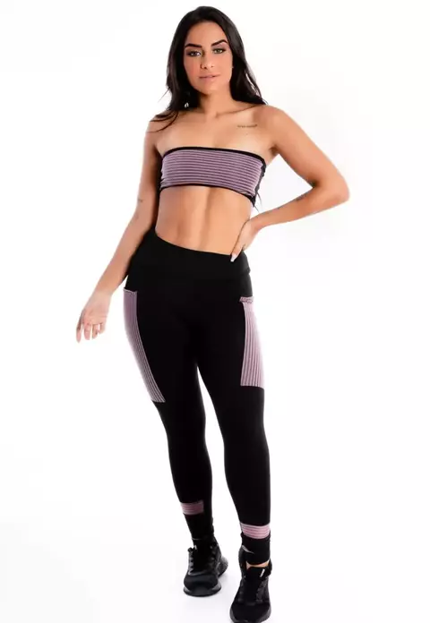 Conjunto Cropped E Calça Legging com Bolso e detalhe Violeta - Preto