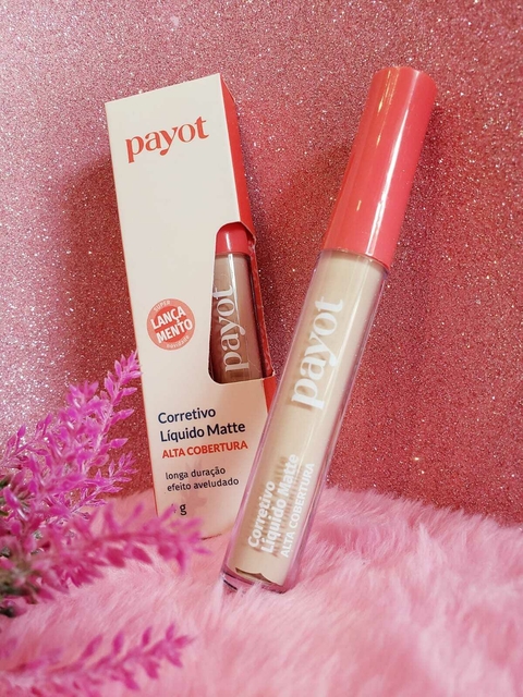 Corretivo Líquido Matte Payot na cor 1.5, com embalagem e detalhes sobre alta cobertura.