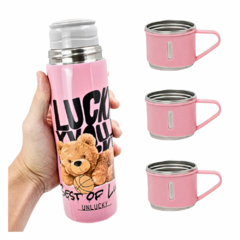 Imagem do Garrafa Térmica Inox 500ml com 3 Xícaras Estampa Urso GDR1015