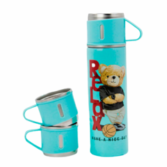 Garrafa Térmica Inox 500ml com 3 Xícaras Estampa Urso GDR1015 - Suporte Roque Tecnologia e Suprimentos