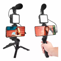 Suporte para Celular com Tripé Luz LED para Streaming / Podcast / Self com Microfone - loja online