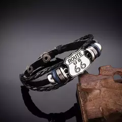 Pulseira masculina de couro multicamadas, Vintage US Route 66 - GTM Custom - A Loja Oficial do Motoclube Gentlemen
