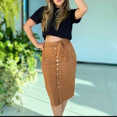 Saia Jeans Caramelo P/38 Lelucki Moda Evangelica na internet