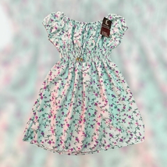Vestido ciganinha infantil com estampa floral em tons de rosa e verde, ideal para crianças.